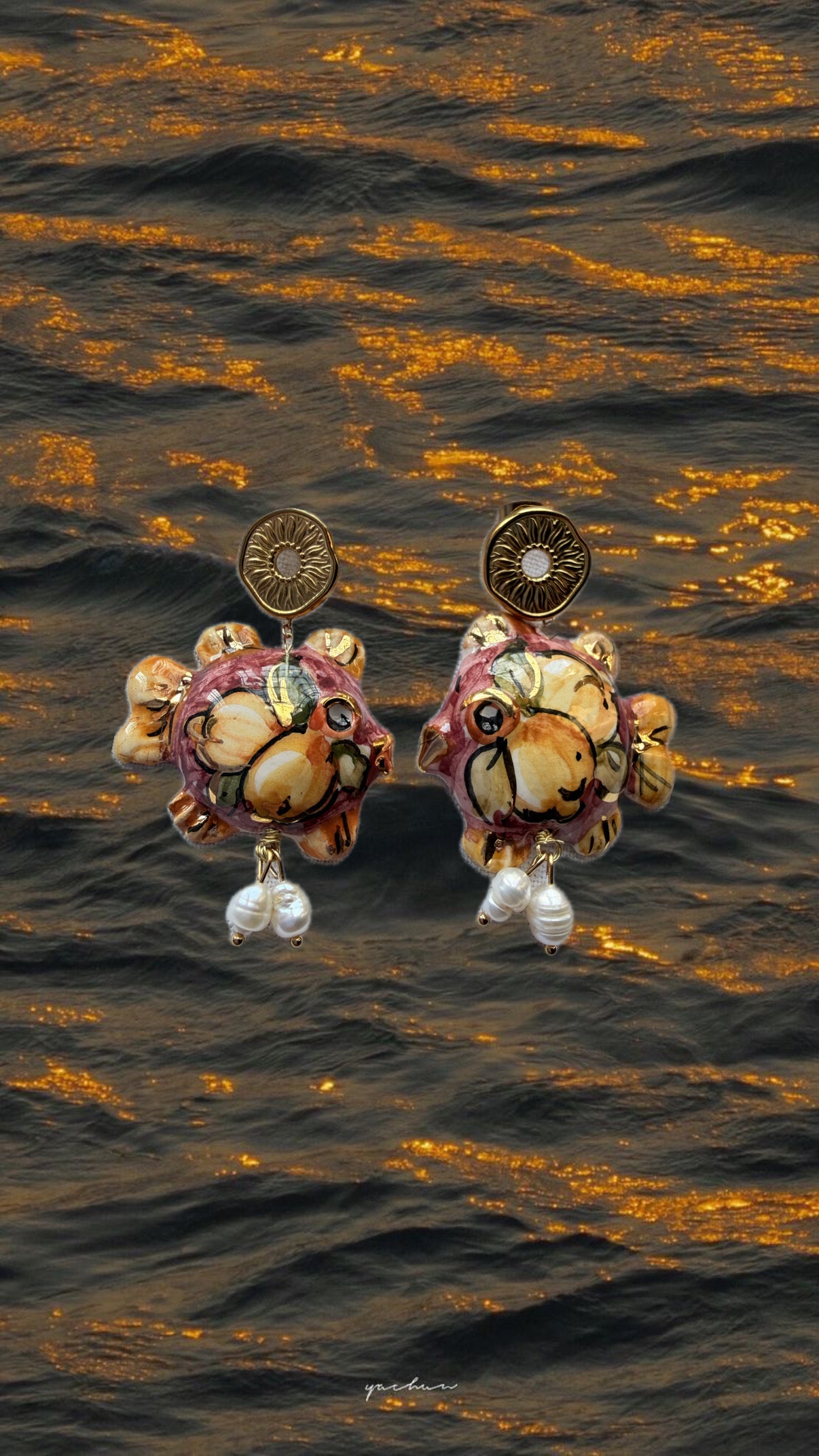 Drop pendientes cerámica pez globo