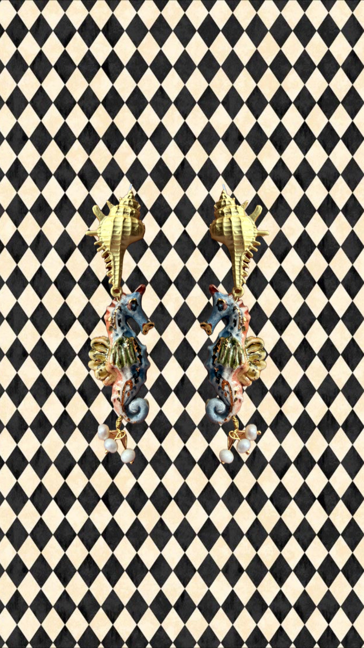 Drop pendientes cerámica caballito de mar