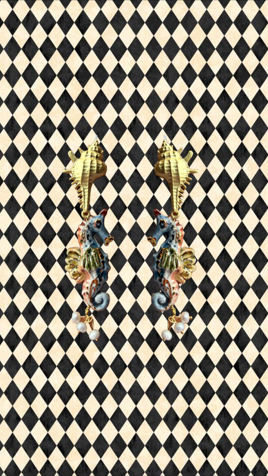 Drop pendientes cerámica caballito de mar