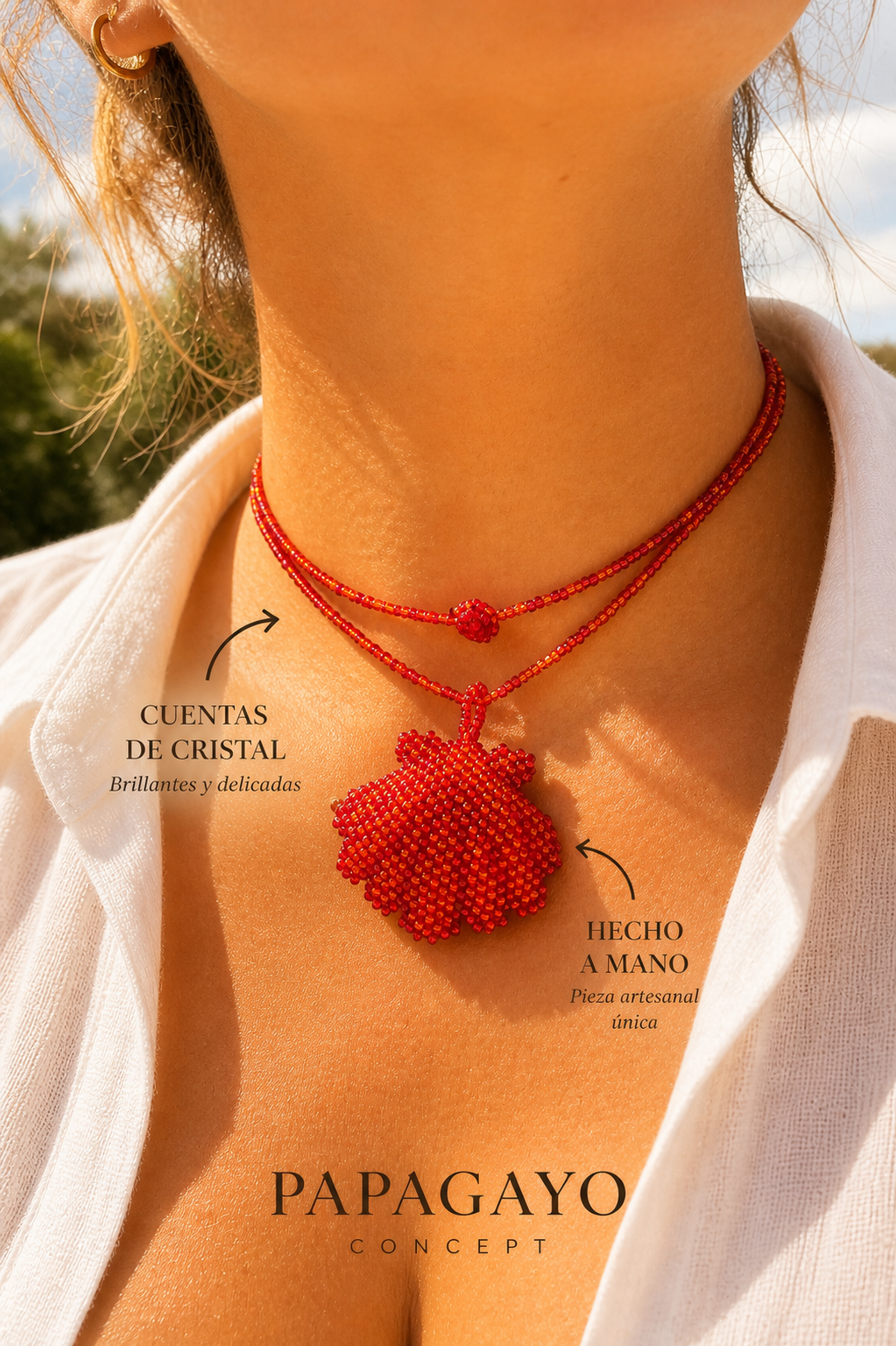 Collar cuentas de cristal concha rojo